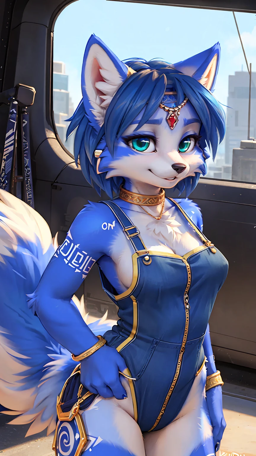 A beautiful and detailed (sweet portrait) wa ((krystal)), Star Fox krystal, sslim, green eyes, medium breasts, (((Long blue hair 1.3))), Decollete, look up, anthro, furry, Uploaded E621, detailed fluffy fur, (wa Fluff-Kevlar, Bayard Wu, personalize me, Pino Daeni), detailed face, (fluffy), 1 girl, alone, Sweet young girl, Blue skin-tight overall, Viewers look at, smile,
