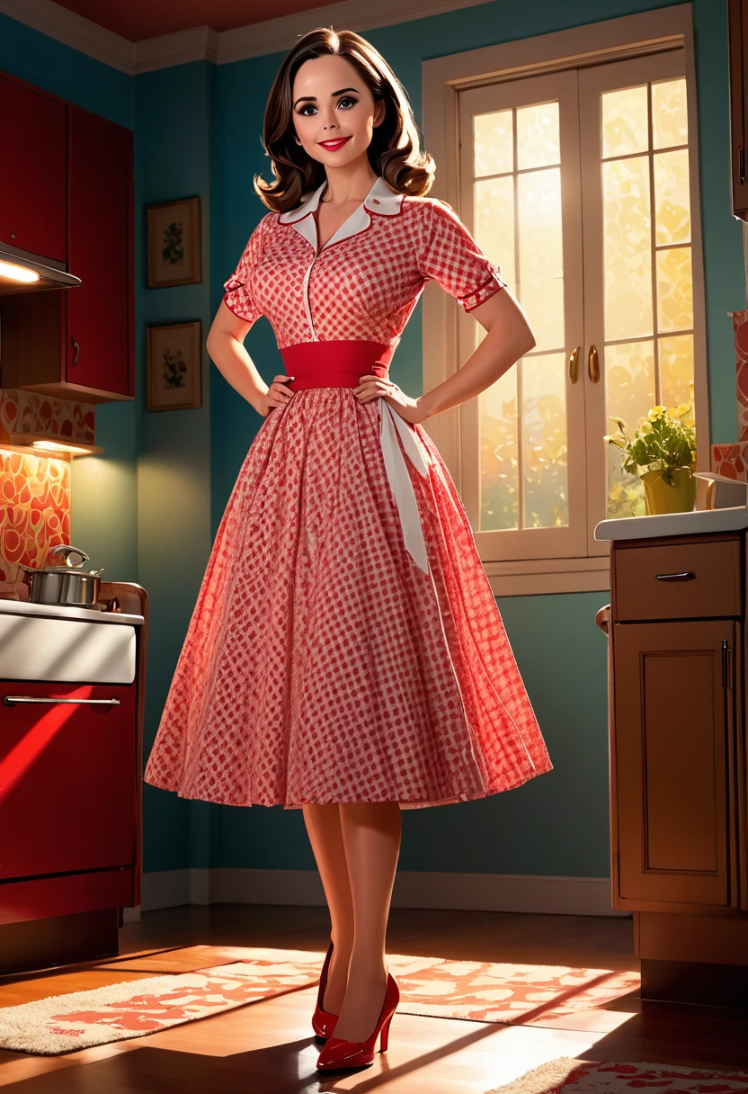 50s house wife. full length. featuring warm lighting and shadows. should be of the highest quality, a masterpiece with intricate details. Hands on hips. cute 50s house wife dress. Red high heels. She should have luscious lips, a wide smile, and bright, expressive eyes, exuding beauty, cuteness, and adorableness. Ensure the image is high resolution and sharply detailed, with a detailed and vibrant background. Eliza Dushku. Incorporate mystical lighting in the background, creating a romantic and enchanting atmosphere.
