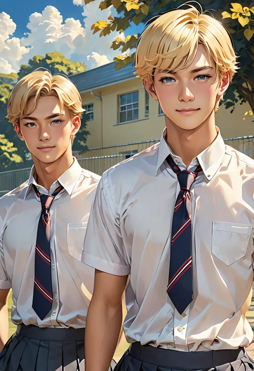 (piece flies), (best qualityer), very detailled, (((Two friendly high school boys:1.5))),twins, face perfect, beautiful face, very detailled face,(Man with blonde hair:1.3),(Blonde haired man:1.3),schoolyard,class room,uniforme de estudante,necktie,chemise