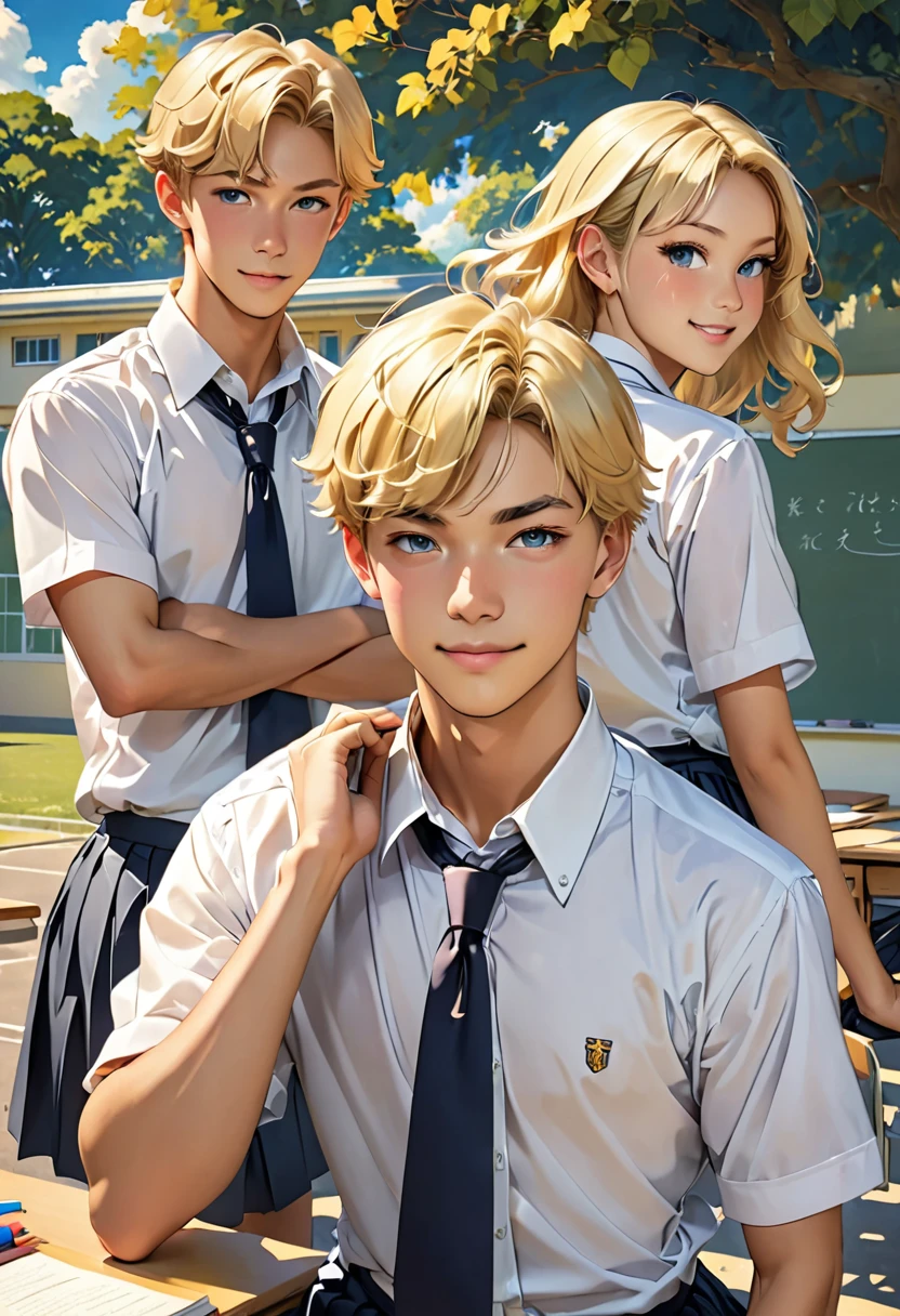 (piece flies), (best qualityer), very detailled, (((Two friendly high school boys:1.5))),twins, face perfect, beautiful face, very detailled face,(Man with blonde hair:1.3),(Blonde haired man:1.3),schoolyard,class room,uniforme de estudante,necktie,chemise