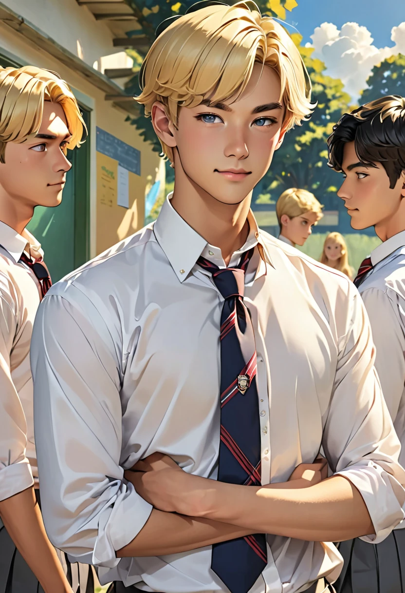 (piece flies), (best qualityer), very detailled, (((Two friendly high school boys:1.5))),twins, face perfect, beautiful face, very detailled face,(Man with blonde hair:1.3),(Blonde haired man:1.3),schoolyard,class room,uniforme de estudante,necktie,chemise