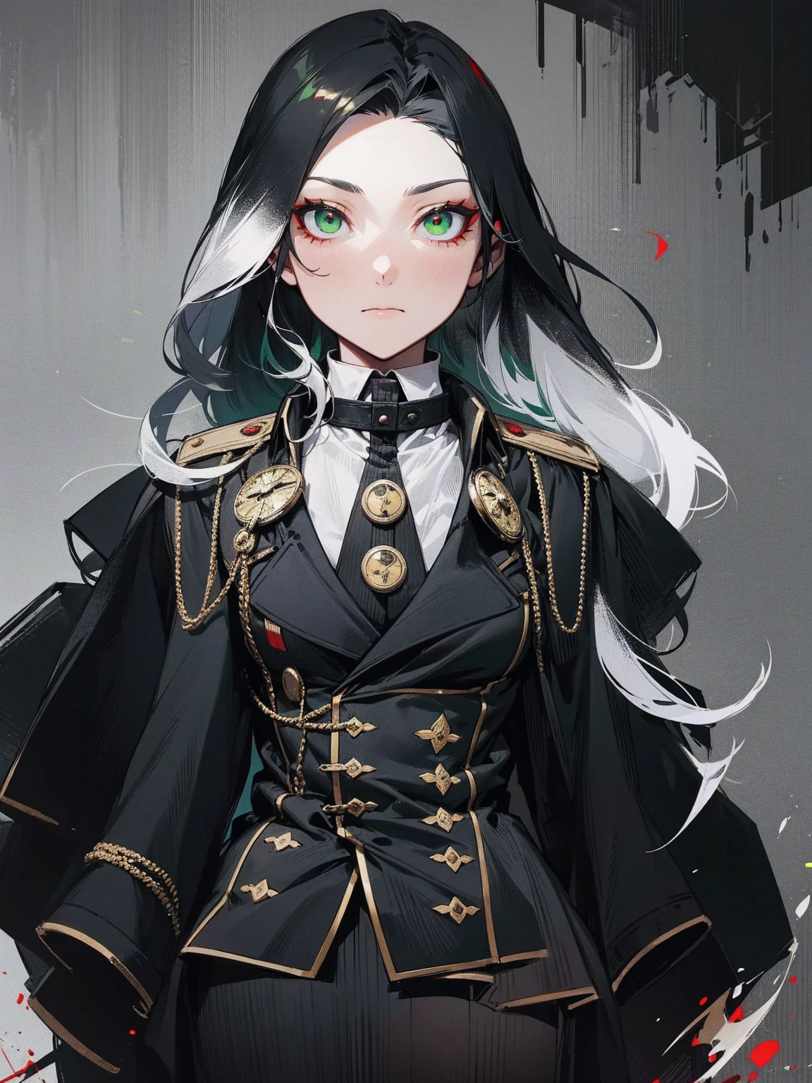 a millitary general with black and white hair, a red and green clockwork eyes.
