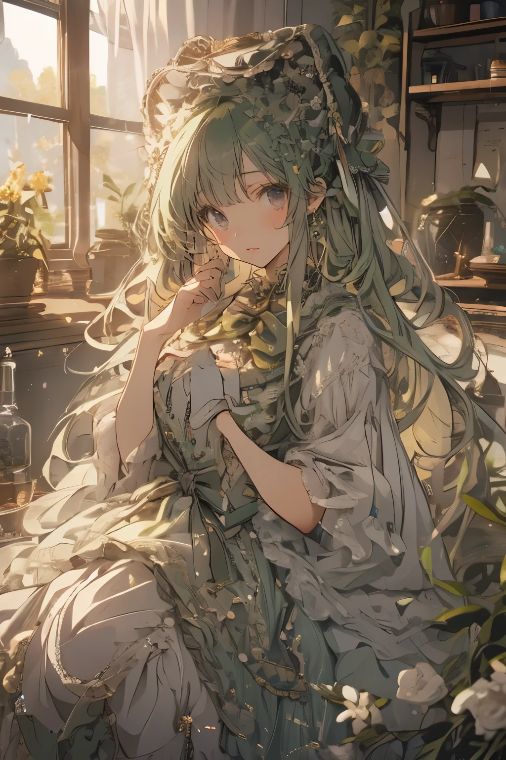 (Mastepiece)、(Best Quality)、Highly detailed face、Anime Girl、1 girl、ta Clothing、Fluffy long hair、Green Hair
