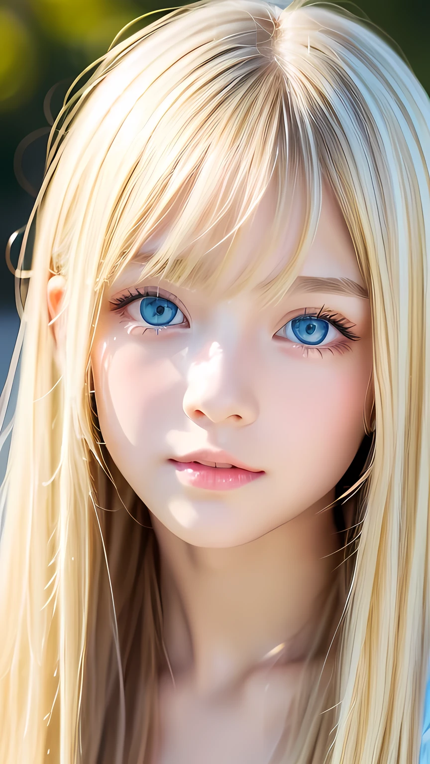 clear shiny skin、13 years old cute sexy little beautiful face、very large and beautiful bright pale sky blue eyes、Very big eyes、Straight long hair that shines in the light、Long, silky bangs that cover her cute eyes、Sexy face hiding hair、Too long hair、sexy cute young beautiful girl、Super long natural young blonde hair with sparkling light highlights Blonde hair above the eyes Blonde hair above one eye、Blonde hair between the eyes、Cheek gloss highlighter