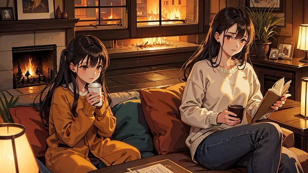 「In the living room on a quiet night、A female character is sitting on a fluffy sofa。She is wearing a casual sweater and jeans.、holding a cup of hot chocolate in hand。There is a fireplace in the background、The flames are flickering pleasantly。Soft blankets and cushions are scattered around the area.、The shelves are lined with your favorite books and accessories.。The room is lit in soft orange and brown tones.、It has a warm and cozy atmosphere。」