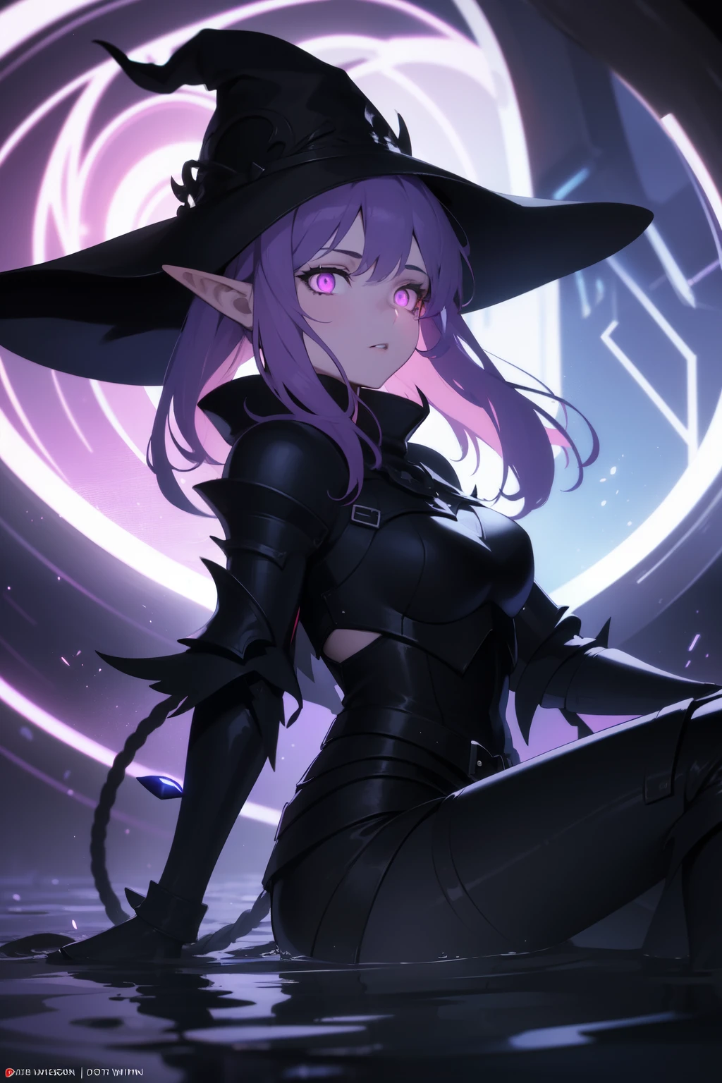 (masterpiece, Best quality, ultra detailed, best shadow), (detailed background,dark fantasy), (beautiful detailed face), high contrast, (Better lighting, very gentle and beautiful), ((cinematic light)), colorful, hyperdetailing, (1 girl, elf, Pink eyes, Sharp face, purple hair, Black Armor, Purple witch hat), (swirling black light around the character:1.5), depth of field, Black light particles, (distant view), (Full length character), (sitting on the water), (hair detail), (side view)