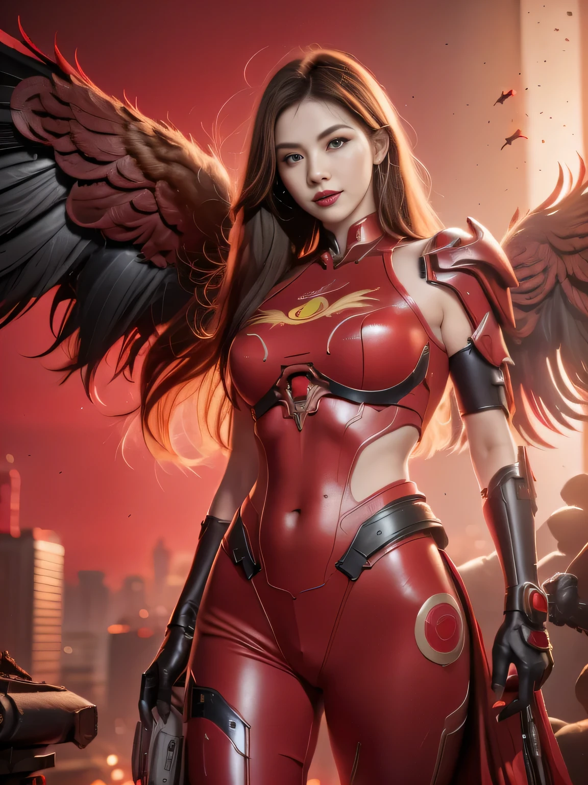 Red Theme, Phoenix Mech, Chicken head rooster, Mecha Wings, Cyberpunk, best quality, masterpiece, unmanned, whole body, Mechanical wonder, Strong, moon, the ruined city, Highest quality digital art, Amazing Art, Wallpaper 4k, Very detailed, military, , War Zone, Dynamic Lighting, , epic, Mechanical parts damage