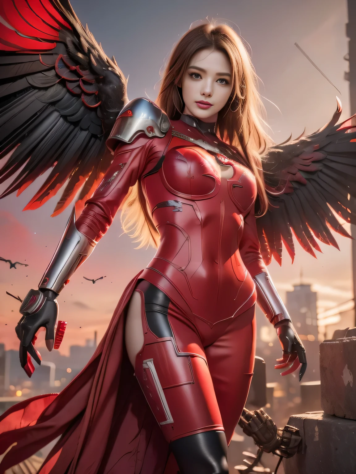 Red Theme, Phoenix Mech, Chicken head rooster, Mecha Wings, Cyberpunk, best quality, masterpiece, unmanned, whole body, Mechanical wonder, Strong, moon, the ruined city, Highest quality digital art, Amazing Art, Wallpaper 4k, Very detailed, military, , War Zone, Dynamic Lighting, , epic, Mechanical parts damage