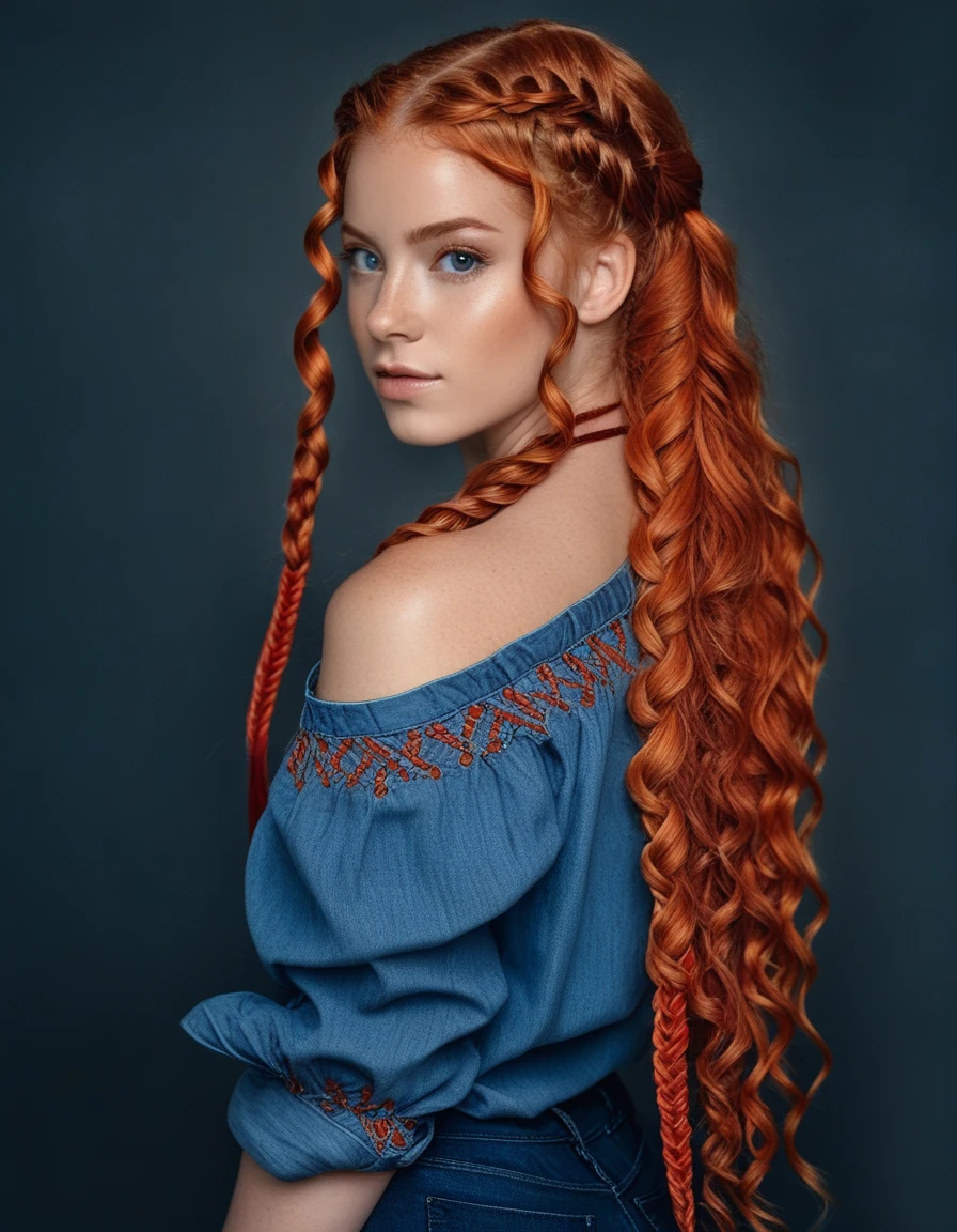 a woman with long curly hair wearing a blue top and denim shorts, a digital rendering inspired by Theo Constanté, trending on cg society, renaissance, long braided curly hair, red intricate long braids, long braided curly brown hair, curly copper colored hair, long braided curly blonde hair, long braided orange red hair, complex redhead braided hair, long curly hair intricate
