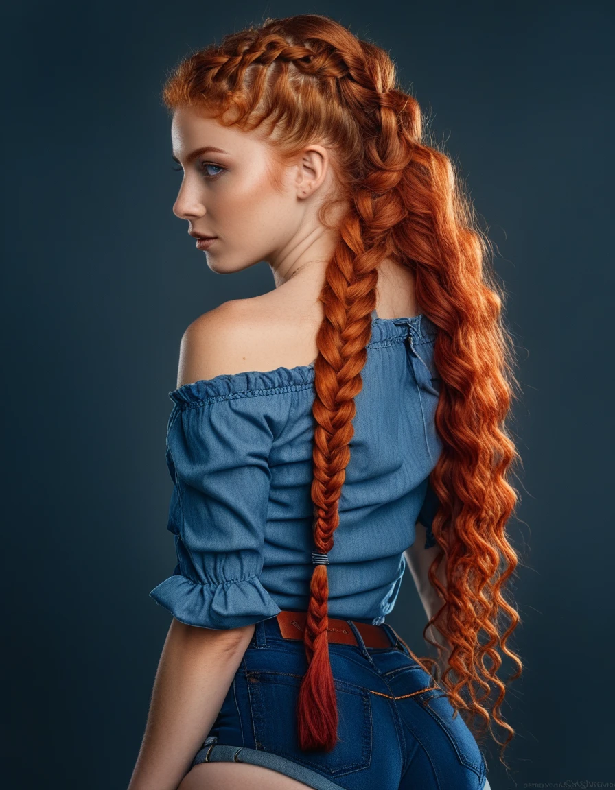 a woman with long curly hair wearing a blue top and denim shorts, a digital rendering inspired by Theo Constanté, trending on cg society, renaissance, long braided curly hair, red intricate long braids, long braided curly brown hair, curly copper colored hair, long braided curly blonde hair, long braided orange red hair, complex redhead braided hair, long curly hair intricate