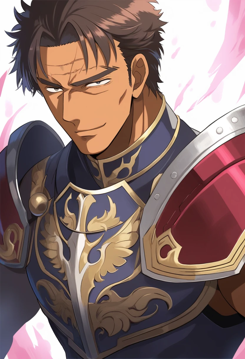1father, veteran knight, muscular mature, parted bangs, 40yo, brown hair, evergreen eyes, thick brown eyebrow, sanpaku, tanned skin, small eyes, short hair male, facial wrinkles, ideal ratio body proportions, ordinaly, BREAK solo, red full plate armor, light smile, 1980s, visual novel, in old jrpg style, in hokuto no ken style, extreme all detailed, masterpiece, best quality, BREAK score_9, score_8_up, score_7_up, score_6_up, score_5_up, score_4_up, source_anime