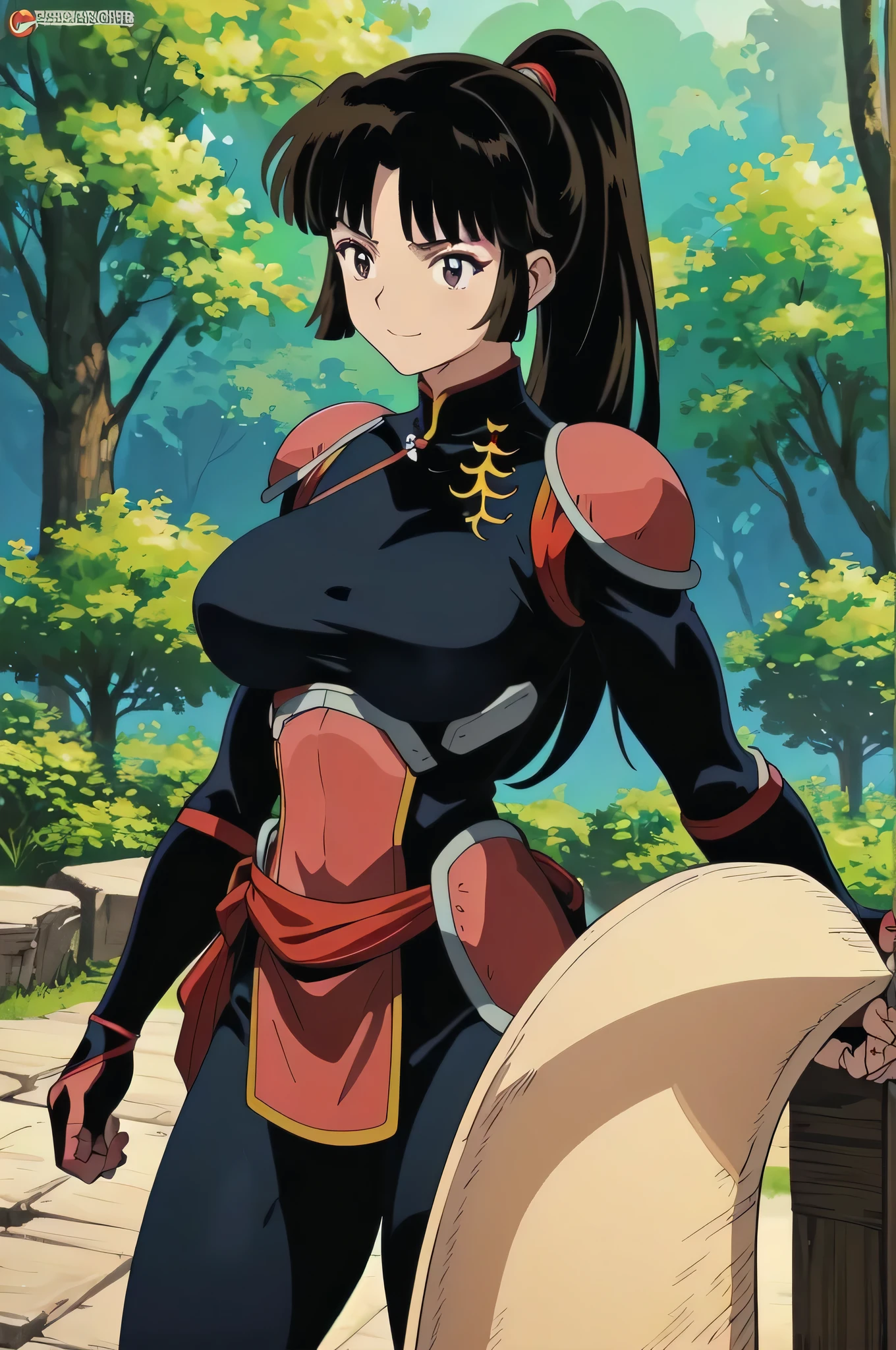 Highest quality、masterpiece、Portraiture、Blood、Brown Hair、Brown eyes、High Ponytail、Long Hair、Big Breasts、Strong muscles、Very large breasts、Huge muscles、Bodysuits、Scapula、armor、Muscular Woman、(View your viewers:1.3)、Outdoor、forest、smile、