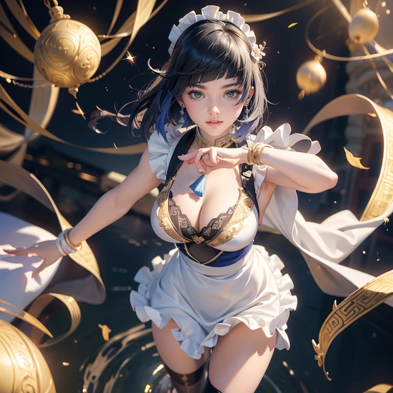 1girl, navy hair, short hair, flowing hair, floating hair, ornament hair, perfectly body, perfectly hands, rose on hair, maid, maid dress, maid headdress, maid apron, white apron, white apron, white headdress, petals in the air, blossom peach tree, centered girl, Chinese style, Chinese maid dress, navy dress, more details on her clothes, dress with transparency, golden details, daylight, smiling, character design sheet, reference sheet, concubine girl, short flowing hair, floating hair, a moon, Detailed background((ancient city:1.2),Detailed background, Elegant backgrounds, Zen entanglement, mandalas, Tangled, Tangled, glossy hair, elaborate costume{Luxury kimono(Colorful kimono(Detailed golden embroidery,))}, Depict a beautiful and graceful woman, ((Best Quality)),{{a portrait photo of}},full body Esbian ((4k, masterpiece, top-quality)),8k, best quality, high resolution, HD, (illustration:0.8), super cute girl, delicate and beautiful face, 1girl, solo, mature girl, super cute hairstyle, (beautiful detailed eyes:1.6), extremely detailed face, perfect lighting, extremely detailed CG, (perfect hands, perfect anatomy), Best quality, cleavage, small skirt, full Body, two arms, two legs, two hands, five fingers