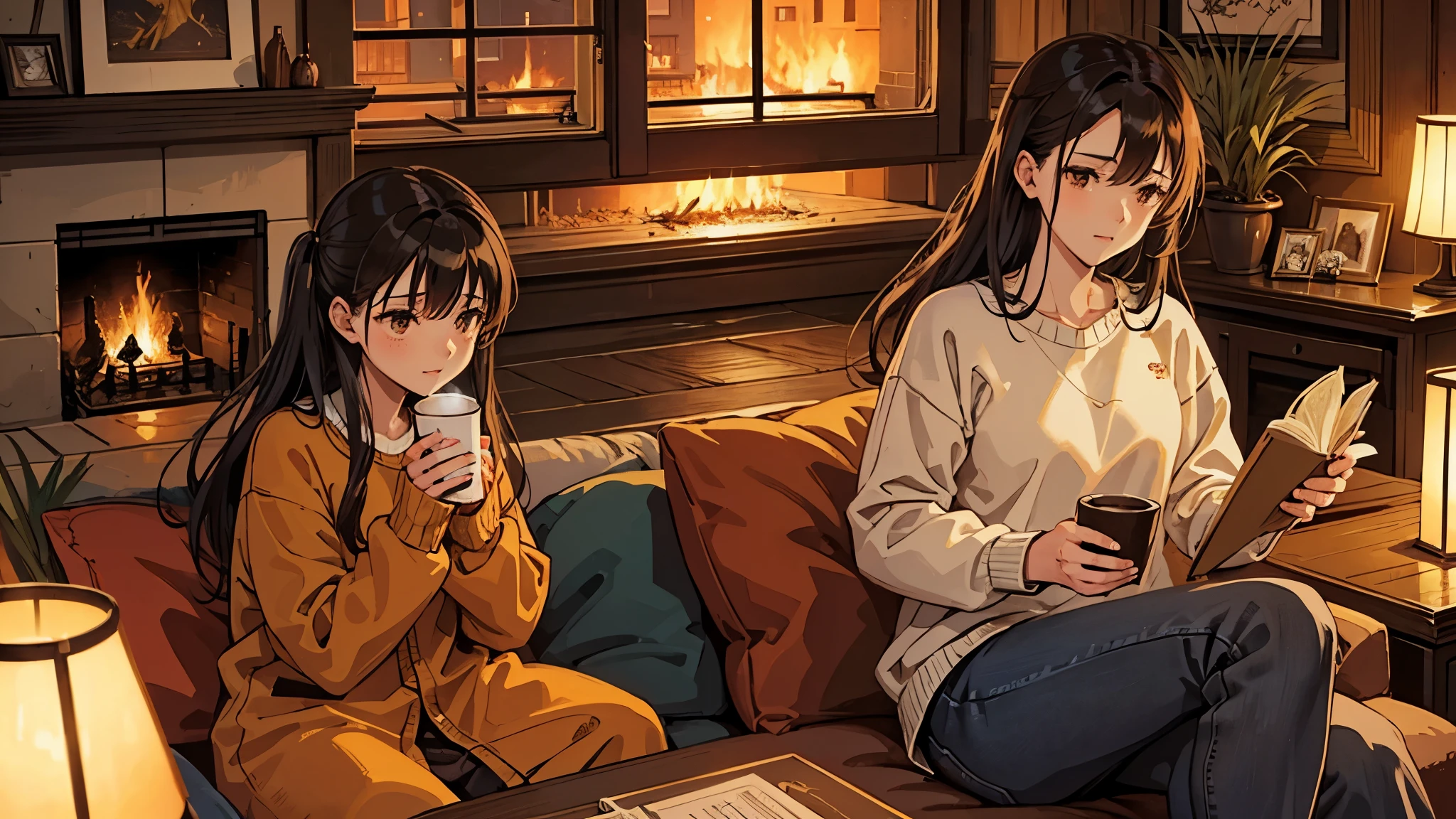 「In the living room on a quiet night、A female character is sitting on a fluffy sofa。She is wearing a casual sweater and jeans.、holding a cup of hot chocolate in hand。There is a fireplace in the background、The flames are flickering pleasantly。Soft blankets and cushions are scattered around the area.、The shelves are lined with your favorite books and accessories.。The room is lit in soft orange and brown tones.、It has a warm and cozy atmosphere。」