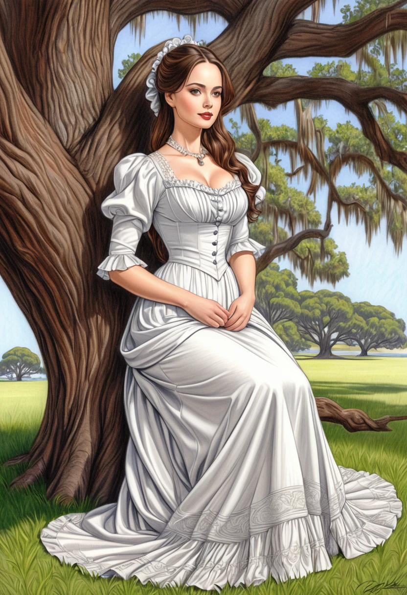 A colored pencil sketch of A beautiful Aristacrat woman with large elegant, hawk-like-nose, who embodies old fashioned class, sophistication, elgance as well as wholesome, natural beauty. curvy, thin-waist, wide-hips, swaying-hips. . Oppulent historically accurate victorian dress. mash up of Eliza Dushku. She is sitting seductively under a live oak tree.
