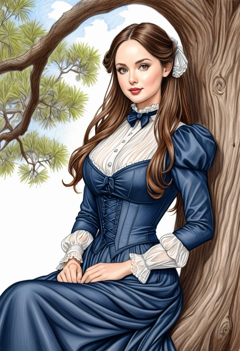 A colored pencil sketch of A beautiful Aristacrat woman with large elegant, hawk-like-nose, who embodies old fashioned class, sophistication, elgance as well as wholesome, natural beauty. curvy, thin-waist, wide-hips, swaying-hips. . Oppulent historically accurate victorian dress. mash up of Eliza Dushku. She is sitting seductively under a live oak tree.