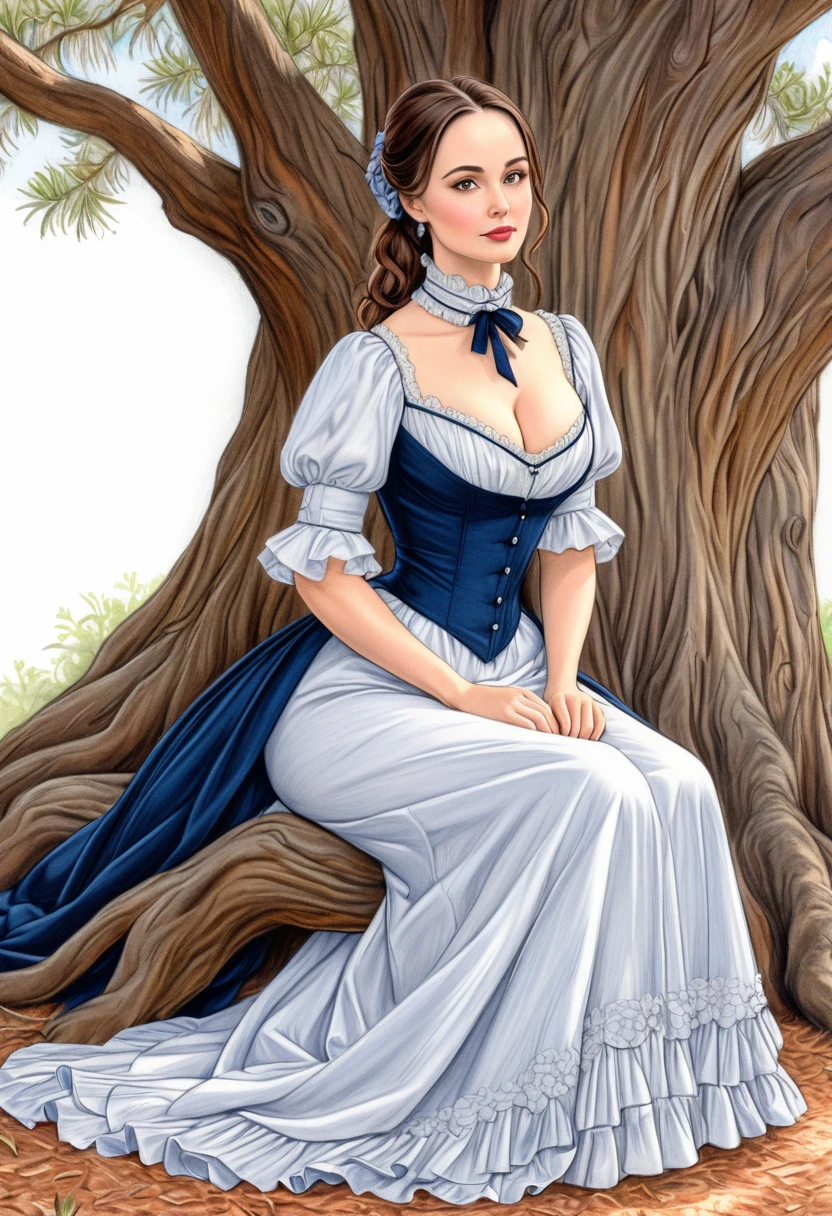 A colored pencil sketch of A beautiful Aristacrat woman with large elegant, hawk-like-nose, who embodies old fashioned class, sophistication, elgance as well as wholesome, natural beauty. curvy, thin-waist, wide-hips, swaying-hips. . Oppulent historically accurate victorian dress.  mash up of Eliza Dushku. She is sitting seductively under a live oak tree.