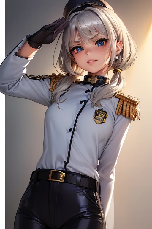 #基本
A girl is posing for a photo, ((One Girl)), (((Baby Face:1.2)) + ((cute:1.3))),
#A girl is posing for a photo, ((One Girl)), (((Baby Face)) + ((cute)) + 16 years old),
break
#Clothing Accessories
(((black:1.6)Officer uniform:1.4) : (Jacket) + (Rank badge on chest) + Epaulettes + (Decorate mood) + (Tight fitting through the waist) + (White belt with shiny gold metal buckle) + ((Gold border)) + ((Long Straight Pants:1.4)) + (Army Caps)), (loafers),
Gold hoop earrings,
break
#Features
((Silver Hair:1.4)), (Shoulder-length horizontal hair:1.4), (Twin tails : Short Hair + Curly hair + Fuller Hair + Hair curled outside + Red string ribbon),
((Droopy eyes), blue eyes, (Big eyes:1.2)), (Very small breasts),
break
#background environment
(noon, (Aircraft carrier in sunlight)),
#Facial Expression Pose
((Wicked Smile), (Full of confidence々It is said that, Strong presence, (salute)),
#composition
(To the camera, (Focus from the front), (Cowboy Shot)),
break
#Body parts elements
(Slim figure),
(Detailed Hair, Beautiful Hair, Shiny Hair),
(double eyelid, Long eyelashes),
(Expression of fine eyes, Beautiful and delicate eyes, Sparkling eyes, Eye Reflexes, Glitter Eyeliner),
(Human Ear),
(Beautiful Nose, Thin Nose),
(Glossy Lips, Beautiful Lips, Thick lips, Glossy Lips, Natural Cheeks),
(Detailed face, Symmetrical facial features),
(Detailed skin, Textured skin, Beautiful Skin, Glowing Skin),
break
#Quality Image Quality Common
(((Highest quality)), ((masterpiece)), ((Very detailed))), ((Ultra-high resolution)), ((16K, 1080P)), ((FHD)),
(Anatomically correct), (Realistic), (3DCG),
#Quality image illustration
((comics, anime)), CG illustration,