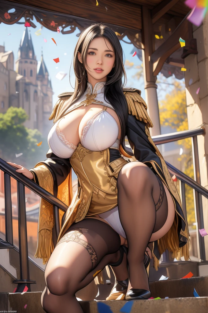 Highest quality, Official Art, masterpiece, Fabric Shading, High resolution, Very detailed, colorful, Best details, Fantasy, Combat Uniform:1.5, 1 female, Age 25, Black Hair, Long Hair, Up Bang Hair, One Length, Standing on the stairs, A castle town with an old castle view, sunny, Random Hair, Large Breasts, skinny, Surrounded by many people:1.9, Confetti falling, Blessed, welcome:1.5, Camel Toe:1.3, Ground level shot:,No stockings,No stockings,squat, Spread your legs