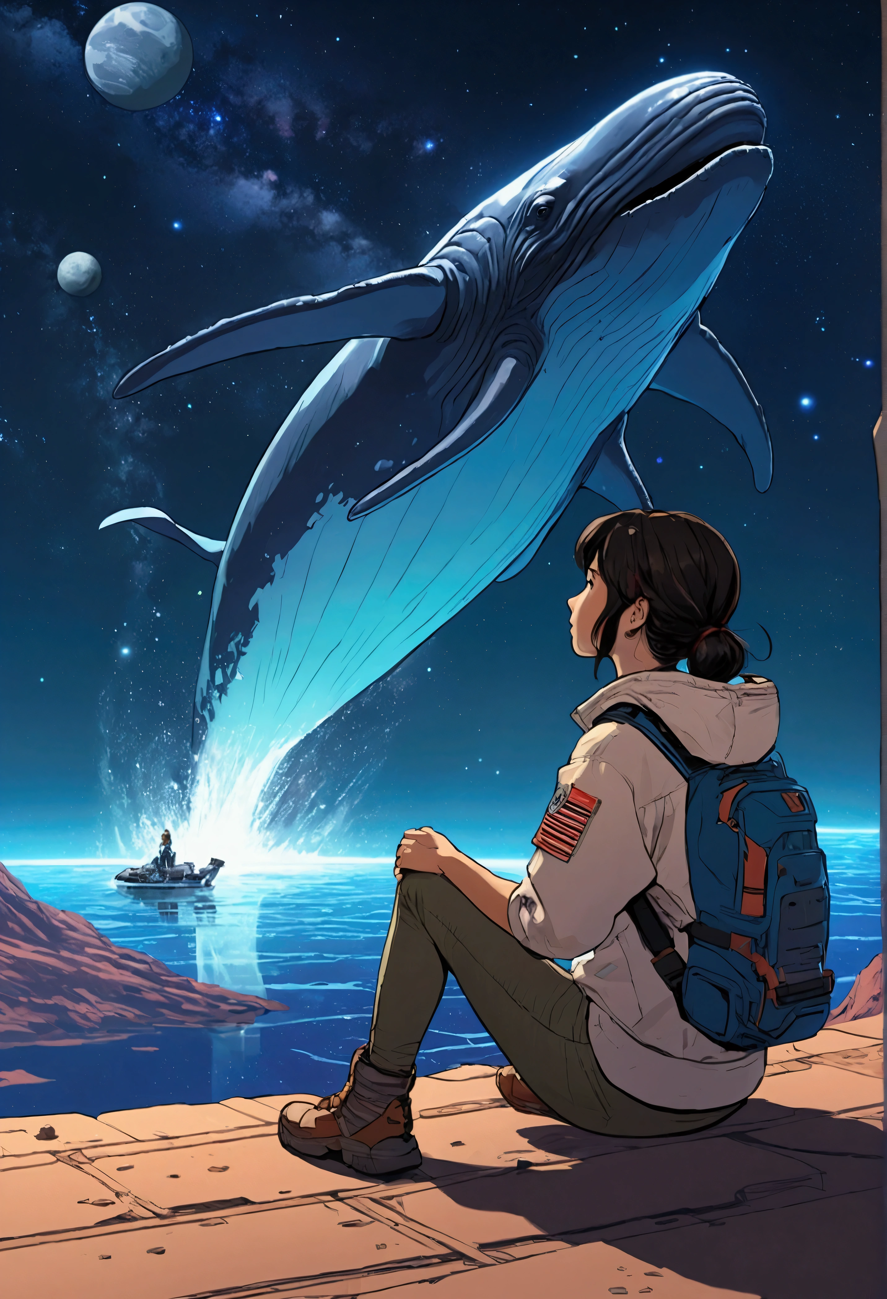 Anime Type、A girl sitting on the ground watching a space whale、Space Cowboys、サイバーSpace Cowboys、Inspired by Josan Gonzalez、Xin Haicheng(Apexlegends)、Akira art style、Rosstranstil、Akira Vibes、Akira art style、Simple Background