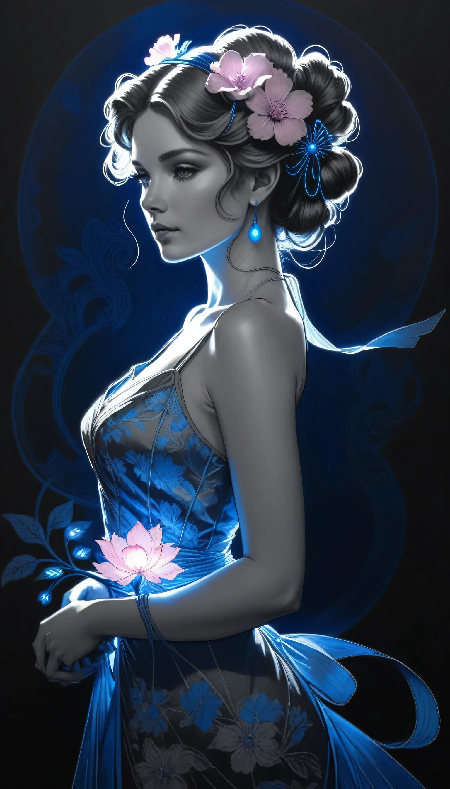 (Pencil_Sketch:1.2, messy lines, grayscale, traditional media, sketch),[[[mucha artist]]]，On a dark background with a spot of blue light. blue electrical charges form a silhouette of a beautiful woman, flower in her hair tied up, dress in transparent floral organza, stylized from an electric fabric and a pink frame, bioluminescence