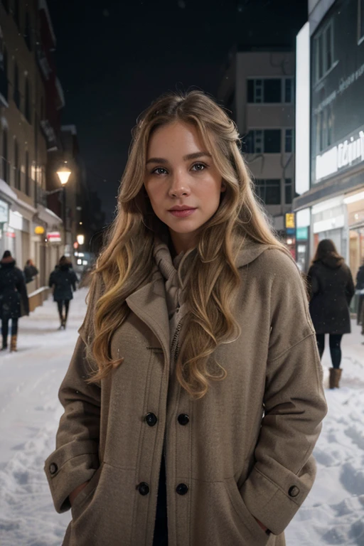 professional portrinter clothing with long wavy blonde hair, sultry flirty look, gorgeous symmetrical face, cute natural makeup, wearing elegant warm winter fashion clothing, ((standing outside in snowy city street)), stunning modern urban environment, ultra realistic, concept art, elegant, highly detailed, intricate, sharp focus, depth of field, f/1. 8, 85mm, medium shot, mid shot, (((professionally color graded))), bright soft diffused light, (volumetric fog), trending on instagram, hdr 4k, 8k