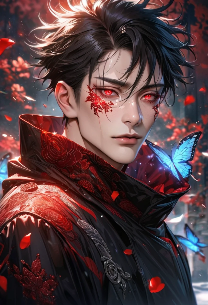 Ultra detailed, Highres, absurdres, HDR, master piece,i, black hair, expressive red eyes, Jujutsu Kaisen, black long coat with patterns, red ice flowers, petals, extremely handsome, sexy man, solo, extremely detailed eyes and face, red ice, ref ice glittering butterflies, black tight t-shirt, realistic face, glittering, glittering eyes,