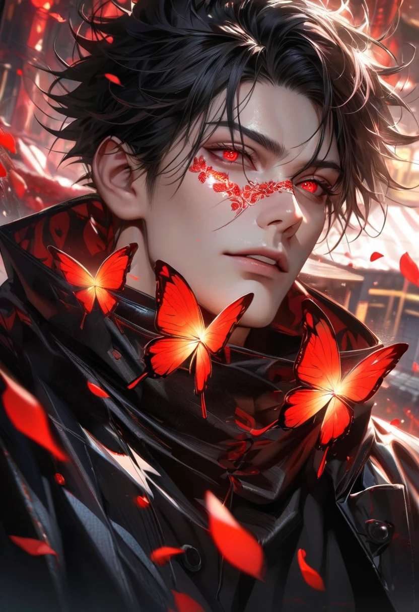 Ultra detailed, Highres, absurdres, HDR, master piece,i, black hair, expressive red eyes, Jujutsu Kaisen, black long coat with patterns, red ice flowers, petals, extremely handsome, sexy man, solo, extremely detailed eyes and face, red ice, ref ice glittering butterflies, black tight t-shirt, realistic face, glittering, glittering eyes,