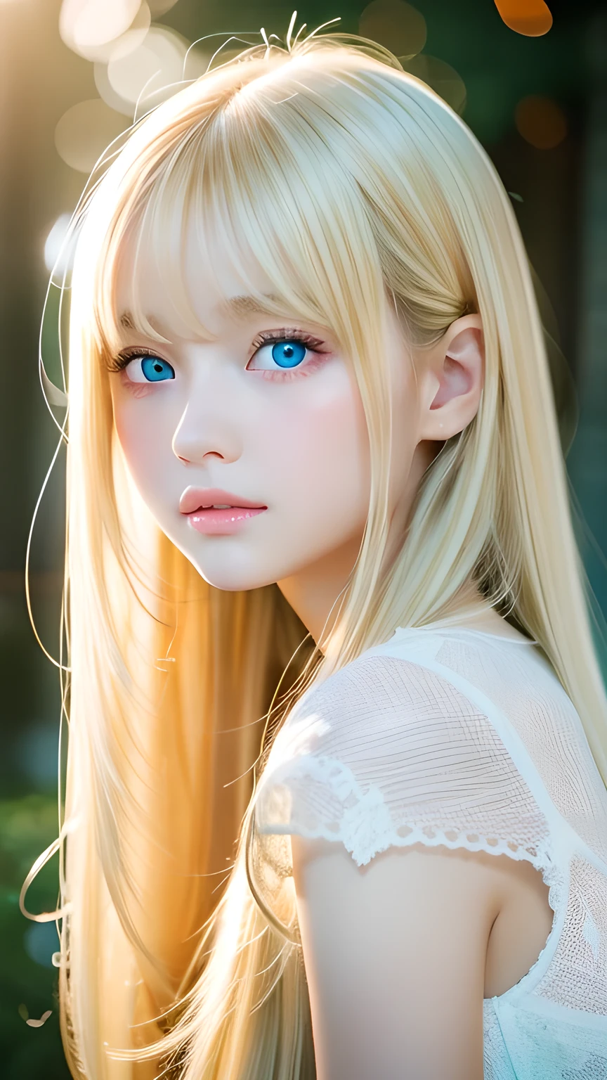 clear shiny skin、13 years old cute sexy little beautiful face、very large and beautiful bright pale sky blue eyes、Very big eyes、Straight long hair that shines in the light、Long, silky bangs that cover her cute eyes、Sexy face hiding hair、Too long hair、sexy cute young beautiful girl、Super long natural young blonde hair with sparkling light highlights Blonde hair above the eyes Blonde hair above one eye、Blonde hair between the eyes、Cheek gloss highlighter