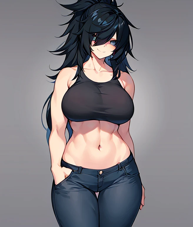 1girl, black hair, long hair, spiked hair, hair over eyes, covered eyes, glowing eyes, toned, toned female, large breasts, thick thighs, hourglass figure, smile, hand on pocket, black sports bra, jeans, pants, blue jeans