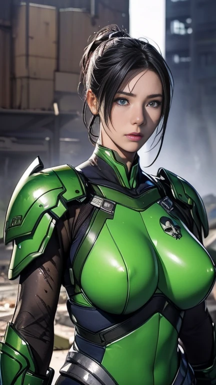 8k,Realistic skin texture、Superrealism、Realistic photos、Futuristic Japanese female soldier standing amongst rubble、Damaged moss green metal armor、Skull mark on armor、Unit paint and identification number、Peeling paint、oil stains、fighting spirit、Detailed Description、Dynamic pose ,Huge breasts,The only person,blue eyes、whole body:1.4