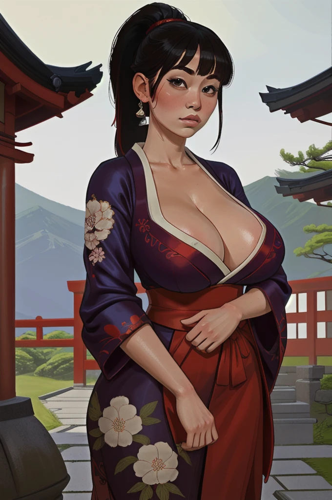 large ponytail, bangs, cheong-sam, silk, huge breasts, cleavage, sagging breasts, outside, temple, japan, (masterpiece), (best quality:1.2), absurdres, intricate details, (highly detailed skin:1.2),  