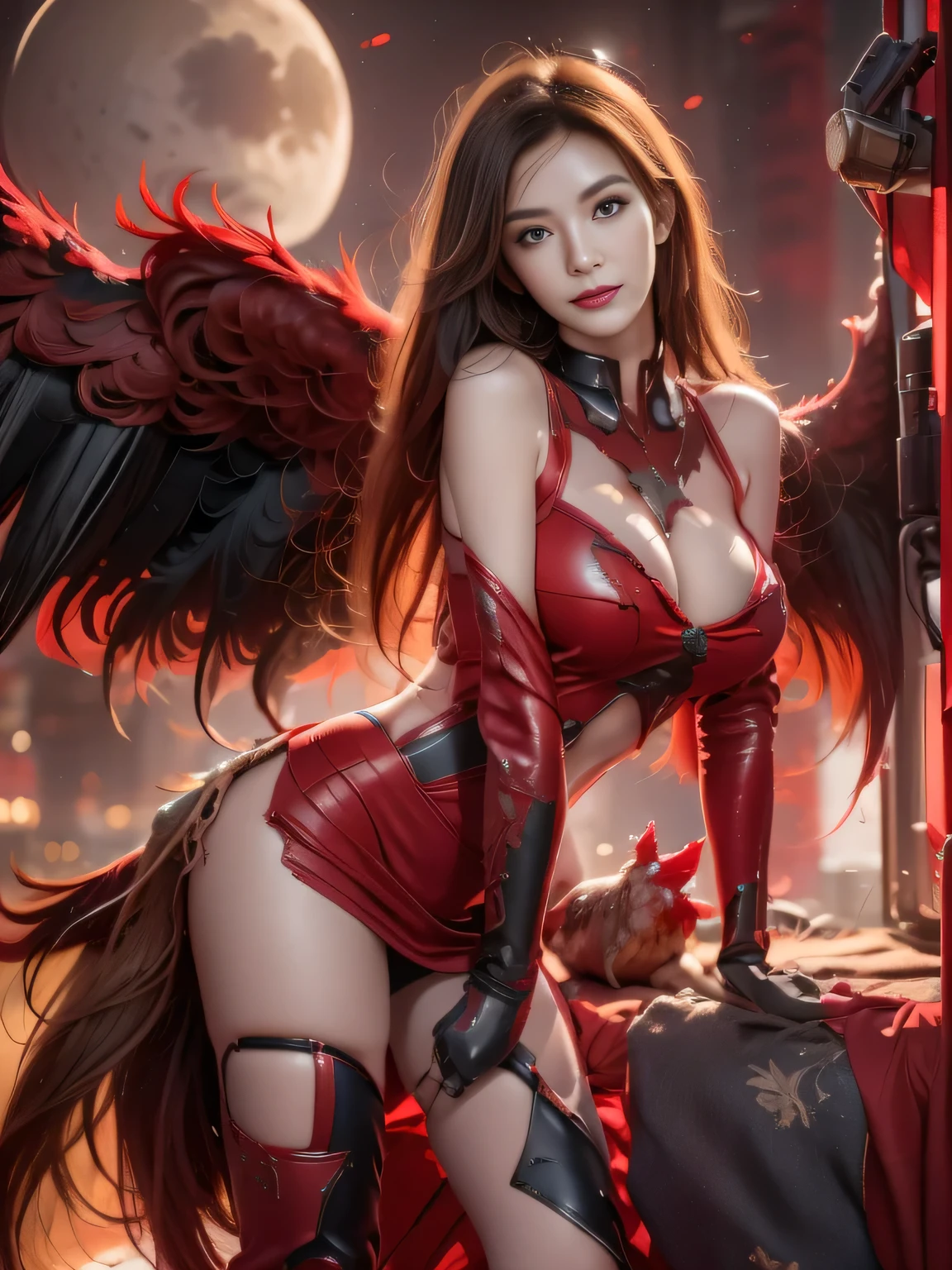 Red Theme, Phoenix Mech, Chicken head rooster, Mecha Wings, Cyberpunk, best quality, masterpiece, unmanned, whole body, Mechanical wonder, Strong, moon, the ruined city, Highest quality digital art, Amazing Art, Wallpaper 4k, Very detailed, military, , War Zone, Dynamic Lighting, , epic, Mechanical parts damage