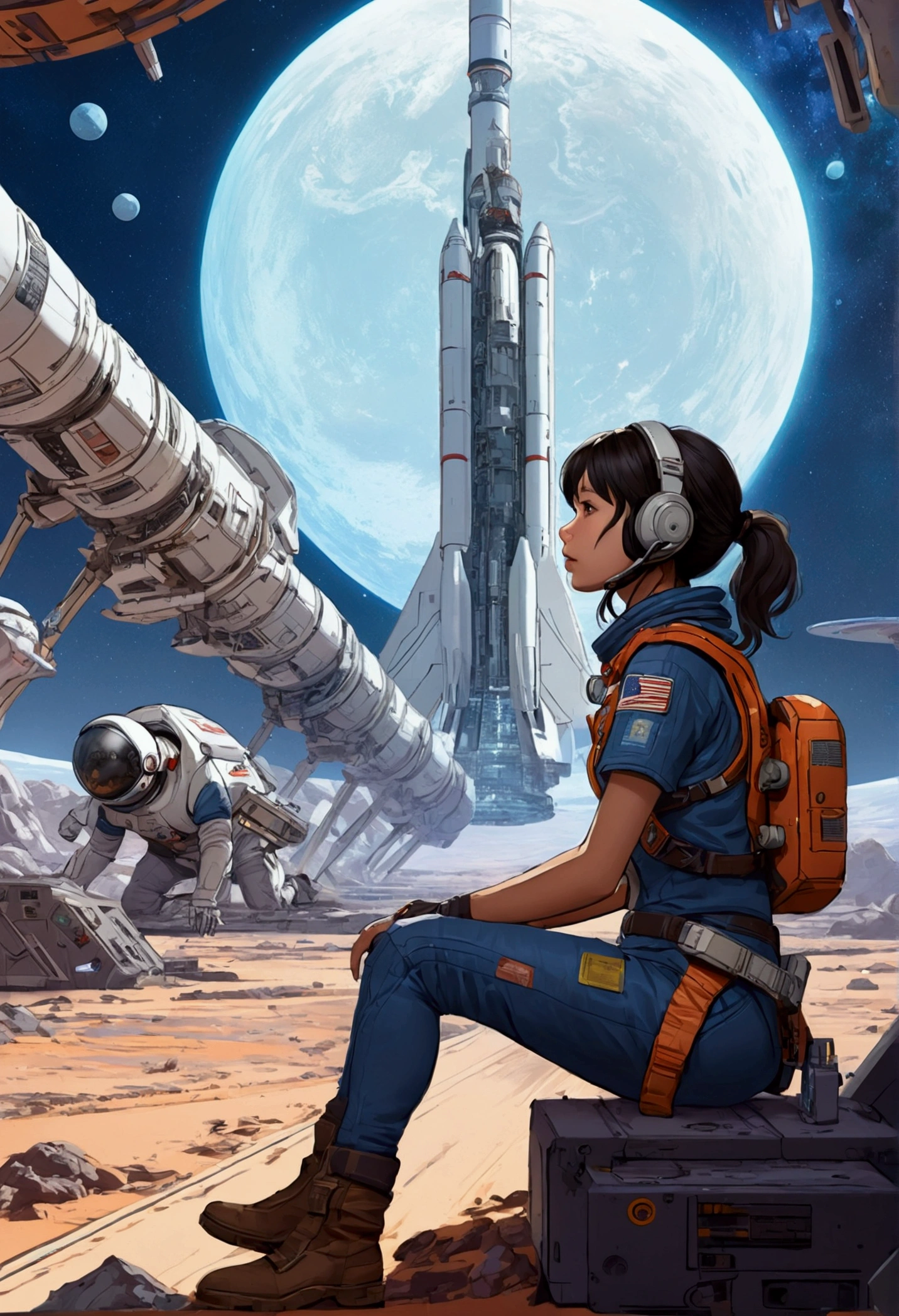 Anime Type、A girl sitting on the ground looking at the space colony、Space Cowboys、サイバーSpace Cowboys、Inspired by Josan Gonzalez、Xin Haicheng(Apexlegends)、Akira art style、Rosstranstil、Akira Vibes、Akira art style、Simple Background
