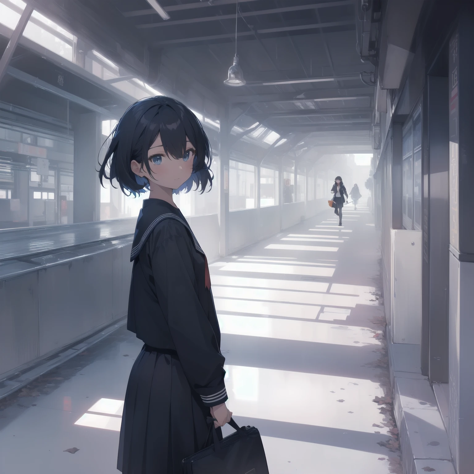 ultra-absurdres-Top quality by artist God, ultra-detailed, high resolution, anime moe artstyle, best anime 8k konachan wallpaper, pixiv contest winner, pool:2810, perfect anatomy,break, 1girl, (Please draw a girl walking sleepily to school alone. )break,(Solo,little female, 13-year-old:1.3),Full limbs, complete fingers,a junior high school student, (very short hair), short cut, flat chest, , small butt, small black eyes, beautiful detailed eyes, well-proportioned iris and pupils, expressive eyes, highres detailed hair, soft expression, salor school_uniform, sailor collar, serahuku, bow, pleated skirt,(Detailed Lighting), (Detailed background), in the School commute route. break,super detailed skin, Best cinematic lighting powered by famous artist, 8k,beauty illustration,photoshop_(medium),very aesthetic,break,((artist:minami_(colorful_palette) )), artist:clamp ,artist:carnelian ,artist:kantoku ,
