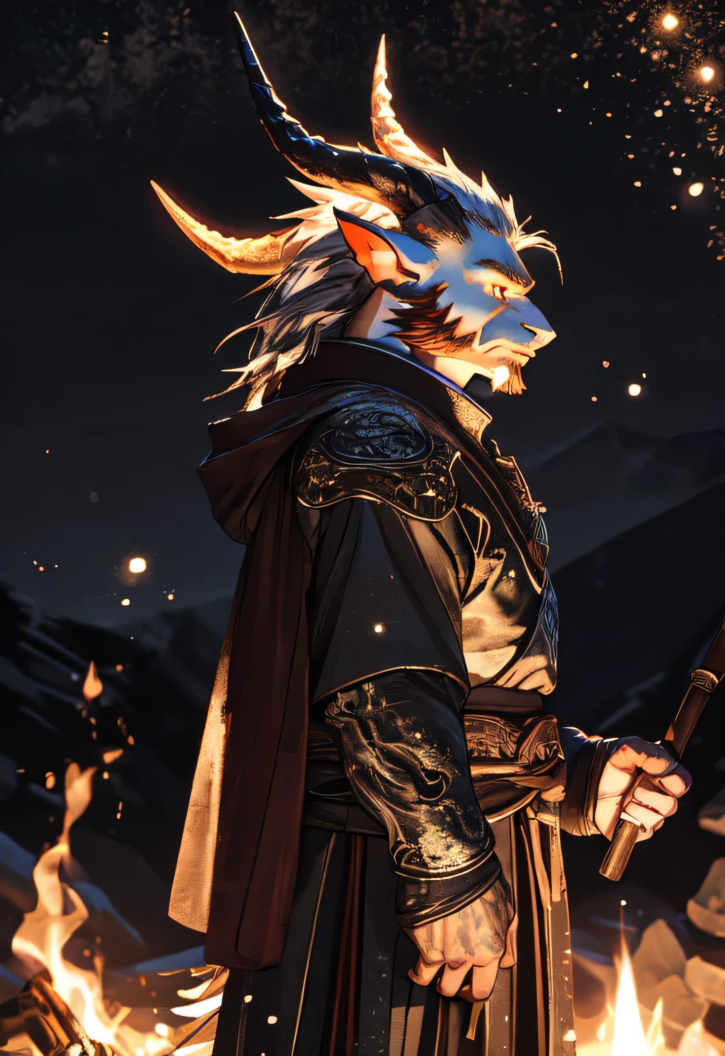 Chinese man，Huge horns，Brown leather armor，Standing by the campfire，night，epic, Depth of Field, Perfect lighting, (Light Particles),(best quality),(masterpiece),(ultra de tailed),Clear focus,Light Particles