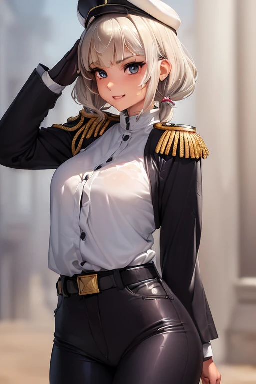 #基本 
A girl is posing for a photo, ((One Girl)), (((:1.2)) + ((cute:1.3))), 
#A girl is posing for a photo, ((One Girl)), (((Baby Facete)) + 16 years old), 
bring Accessories 
(((black:1.6)Officer uniform:1.4) : (Jacket) + (Rank badge on chest) + Epaulettes + (Decorate mood) + (Tight fitting through the waist) + (White belt with shiny gold metal buckle) + ((Gold border)) + ((Long Straight Pants:1.4)) + (Army Caps)), (loafers), 
Gold hoop earrings, 
break 

#Features 
((Silver Hair:1.4)), (Shoulder-length horizontal hair:1.4), (Twin tails : Short Hair + Curly hair + Fuller Hair + Hair curled outside + Red string ribbon),  
((Droopy eyes), blue eyes, (Big eyes:1.2)), (Very small breasts), 
break 

#background environment 
(noon, (sunlight shines, aircraft carrier)), 
#Facial Expression Pose 
((smile), (Full of confidence々It is said that, Strong presence, (salute)), 
#composition 
(To the camera, (Focus from the front), (Cowboy Shot)),  
break 

#Body parts elements 
(Slim figure), 
(Detailed Hair, Beautiful Hair, Shiny Hair), 
(double eyelid, Long eyelashes), 
(Expression of fine eyes, Beautiful and delicate eyes, Sparkling eyes, Eye Reflexes, Glitter Eyeliner), 
(Human Ear), 
(Beautiful Nose, Thin Nose), 
(Glossy Lips, Beautiful Lips, Thick lips, Glossy Lips, Natural Cheeks), 
(Detailed face, Symmetrical facial features), 
(Detailed skin, Textured skin, Beautiful Skin, Glowing Skin), 
break 

#Quality Image Quality Common 
(((Highest quality)), ((masterpiece)), ((Very detailed))), ((Ultra-high resolution)), ((16K, 1080P)), ((FHD)), 
(Anatomically correct), (Realistic), (3DCG), 

#Quality image illustration 
((comics, anime)), CG illustration, 
