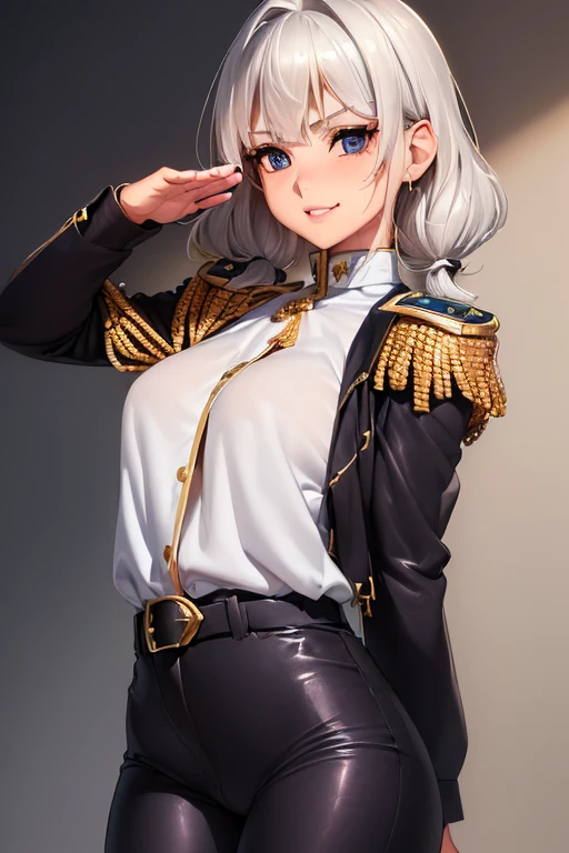 #基本
A girl is posing for a photo, ((One Girl)), (((Baby Face:1.2)) + ((cute:1.3))),
#A girl is posing for a photo, ((One Girl)), (((Baby Face)) + ((cute)) + 16 years old),
break
#Clothing Accessories
(((black:1.6)Officer uniform:1.4) : (Jacket) + (Rank badge on chest) + Epaulettes + (Decorate mood) + (Tight fitting through the waist) + (White belt with shiny gold metal buckle) + ((Gold border)) + ((Long Straight Pants:1.4)) + (Army Caps)), (loafers),
Gold hoop earrings,
break
#Features
((Silver Hair:1.4)), (Shoulder-length horizontal hair:1.4), (Twin tails : Short Hair + Curly hair + Fuller Hair + Hair curled outside + Red string ribbon),
((Droopy eyes), blue eyes, (Big eyes:1.2)), (Very small breasts),
break
#background environment
(noon, (sunlight shines, aircraft carrier)),
#Facial Expression Pose
((smile), (Full of confidence々It is said that, Strong presence, (salute)),
#composition
(To the camera, (Focus from the front), (Cowboy Shot)),
break
#Body parts elements
(Slim figure),
(Detailed Hair, Beautiful Hair, Shiny Hair),
(double eyelid, Long eyelashes),
(Expression of fine eyes, Beautiful and delicate eyes, Sparkling eyes, Eye Reflexes, Glitter Eyeliner),
(Human Ear),
(Beautiful Nose, Thin Nose),
(Glossy Lips, Beautiful Lips, Thick lips, Glossy Lips, Natural Cheeks),
(Detailed face, Symmetrical facial features),
(Detailed skin, Textured skin, Beautiful Skin, Glowing Skin),
break
#Quality Image Quality Common
(((Highest quality)), ((masterpiece)), ((Very detailed))), ((Ultra-high resolution)), ((16K, 1080P)), ((FHD)),
(Anatomically correct), (Realistic), (3DCG),
#Quality image illustration
((comics, anime)), CG illustration,