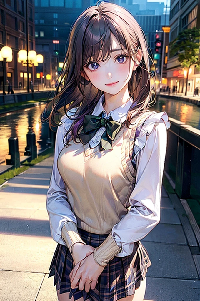 (masterpiece:1.2, top-quality), (realistic, photorealistic:1.4), beautiful illustration, (natural side lighting, movie lighting), 
looking at viewer, cowboy shot, front view:0.6, 1 girl, japanese, high school girl, perfect face, cute and symmetrical face, shiny skin, 
(middle hair:1.5, side ponytail:1.4, sidelocks, light brown hair), parted bangs, emerald green eyes, long eye lasher, (large breasts:0.9, thick thighs), 
beautiful hair, beautiful face, beautiful detailed eyes, beautiful clavicle, beautiful body, beautiful chest, beautiful thigh, beautiful legs, beautiful fingers, 
((light pink long sleeve collared shirts, light brown plaid pleated mini skirt, socks, brown loafers, red pleated bow tie, beige sleeveless knitted vest)), pink panties, 
(beautiful scenery), evening, riverside, walking, hands on chest, (lovely smile, upper eyes), 