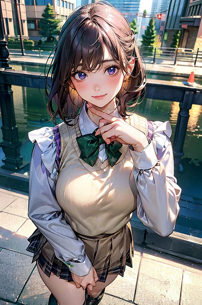 (masterpiece:1.2, Highest quality), (Realistic, photoRealistic:1.4), Beautiful illustrations, (Natural Side Lighting, Cinema Lighting), View your viewers, Cowboy Shot, Front view:0.6, 1 girl, Japanese, high school girl, Perfect Face, Cute and symmetrical face, Glowing Skin, (Mid-length hair:1.5, short hair:1.4, Purple Hair), Parted bangs, Light blue eyes, Long eyelashes, (Large Breasts:0.9, Thick thighs), Beautiful Hair, Beautiful Face, Beautiful attention to detail, Beautiful clavicle, Beautiful body, Beautiful breasts, Beautiful thighs, Beautiful feet, Beautiful fingers, ((Light blue long-sleeved Y-shirt, Blue checked pleated mini skirt, socks, Brown Loafers, emerald green bow tie, Beige sleeveless knit vest)), Pink Panties, (Beautiful views), evening, River side, walk, Place your hand on your chest, (Cute smile, Upward glance)
