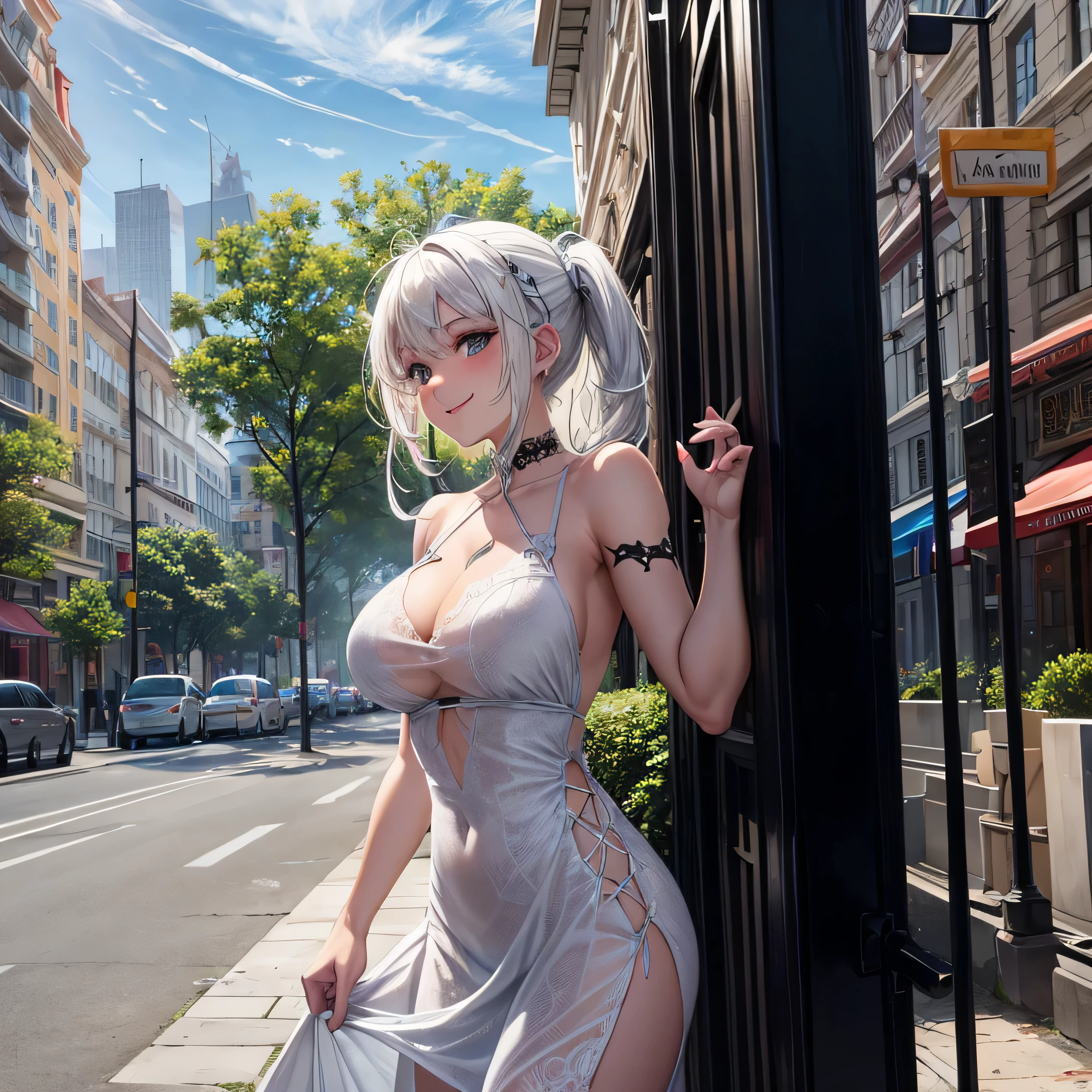 a girl with a large wip, her body marked in the dress, she smilling. she has white hair, her abdomen marked in dress. she is in the beatful city.