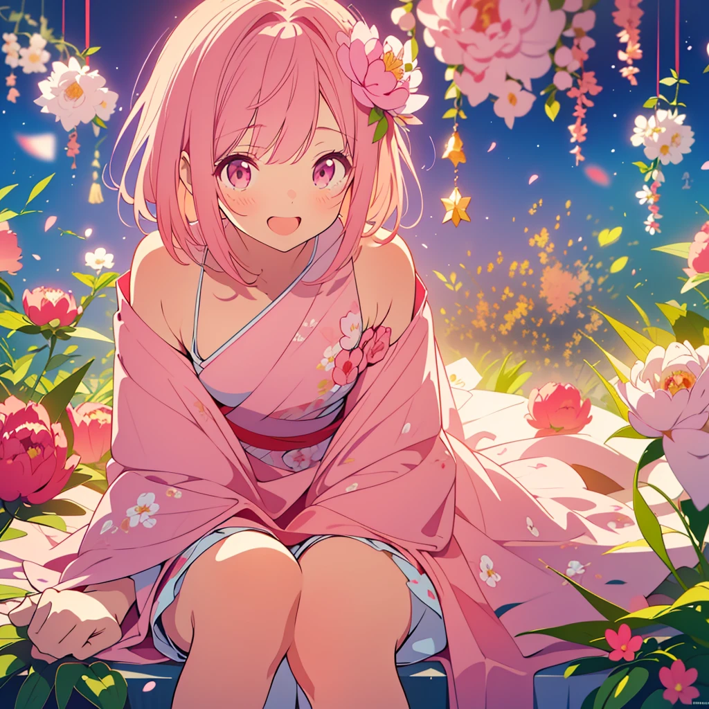 kawaii, anime, Cute, hyper quality, highly detailed, 8k, Clarity, A young girl with bright pink smooth short hair and vermilion eyes., (When I stand up, it's a peony; when I sit, it's a peony; when I walk, it's a lily), peony flower, peony flower, lily flower, The background is only a close-up of flowers, full of energy, surrounded by flowers, big flowers in the background, 3 types of flowers, highlight on eyes, Detailed facial expressions, jump around, smile with open mouth, Peony flowers on the left side of the background, Peony flowers on the right side of the background, Lily flowers in front of the screen, Expanding perspective, Uplifting, Childish, Innocent, clear sky, sparkle of light, glowing particles, bright, jumping up and down, 