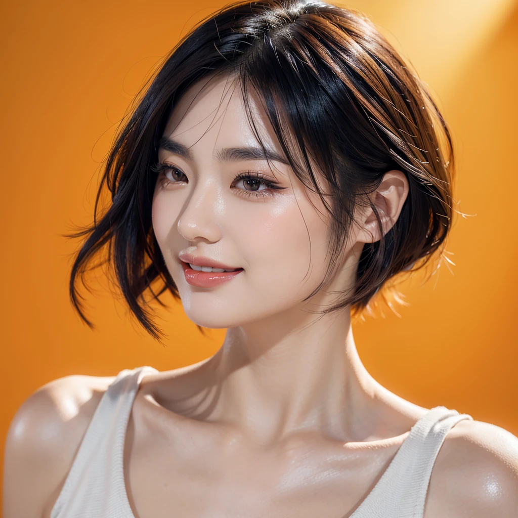 Realistic, masterpiece, Highest quality, Highest Resolution, One Japanese woman, Happy smile, Beautiful attention to detail, Iris, Thin eyebrows, Delicate eyelashes, False eyelashes, Orange Eyeliner, Lipstick is a bright color, short hair, The hair color is black, Draw a face carefully, Portrait background, Upper body photo,Ultra high definition, Textured skin, Large Breasts, profile、Character portrait, Height: 165 cm,Hair blowing in the wind, Casual clothing