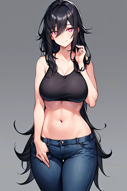 1girl, black hair, long hair, wavy hair, hair over eyes, covered eyes, glowing eyes, toned, toned female, large breasts, thick thighs, hourglass figure, smile, hand on pocket, black sports bra, jeans, pants, blue jeans