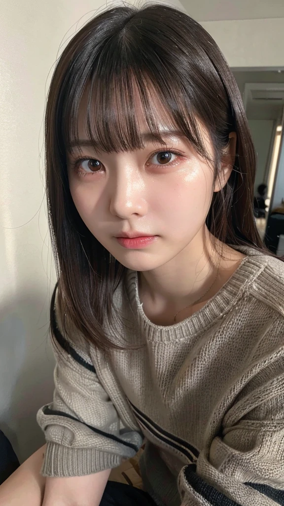 (Highest quality,masterpiece:1.3,Ultra-high resolution),(Very detailed,Caustics,8k),(Realistic:1.4,RAW shooting),(A girl with a displeased expression puffing out her cheeks),Bedroom,Sit on the bed,Look forward,18-year-old,Japanese,cute,Black short hair,Watery eyes,Shining Tears,Upward glance,Looking into the camera,sweater,big ,Face Focus,Face close-up,Bust up shot,(High position),(High Angle),Natural light