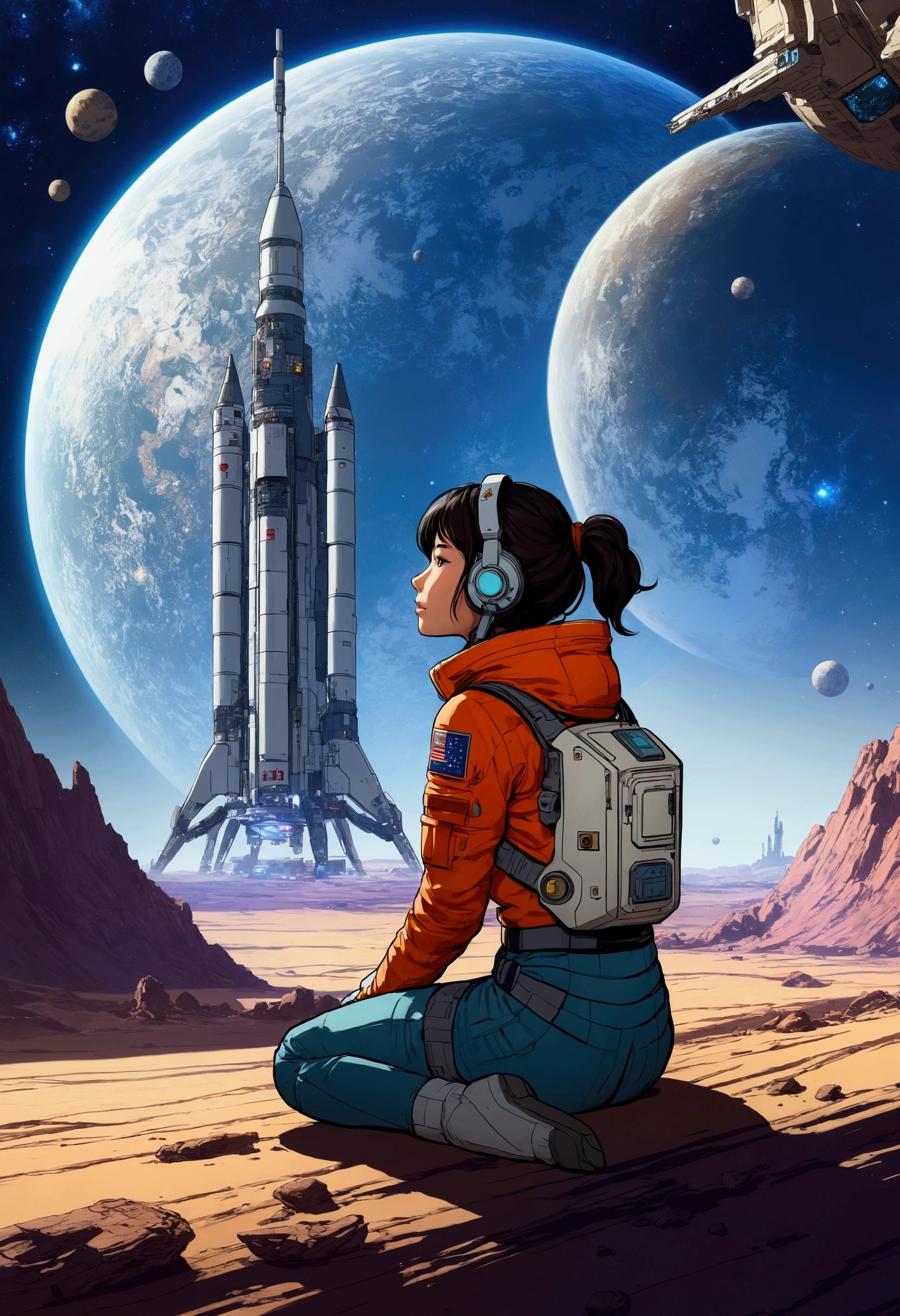 Anime Type、A girl sitting on the ground looking at the space colony、Space Cowboys、サイバーSpace Cowboys、Inspired by Josan Gonzalez、Xin Haicheng(Apexlegends)、Akira art style、Rosstranstil、Akira Vibes、Akira art style、Simple Background