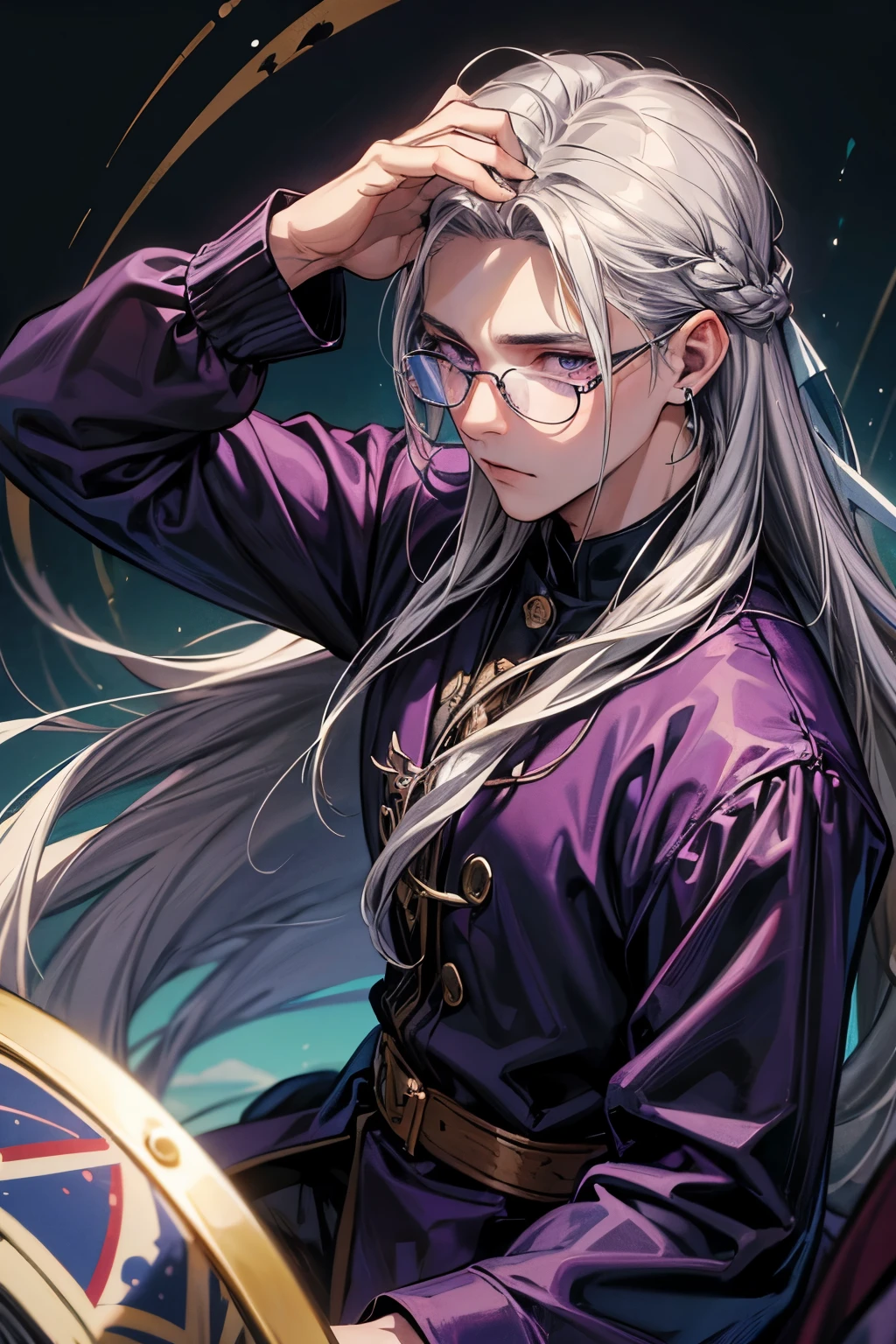 ((best quality)), ((masterpiece)), (detailed), 1man, dark fantasy, silver hair, long hair, purple eyes, glasses, worried, front view