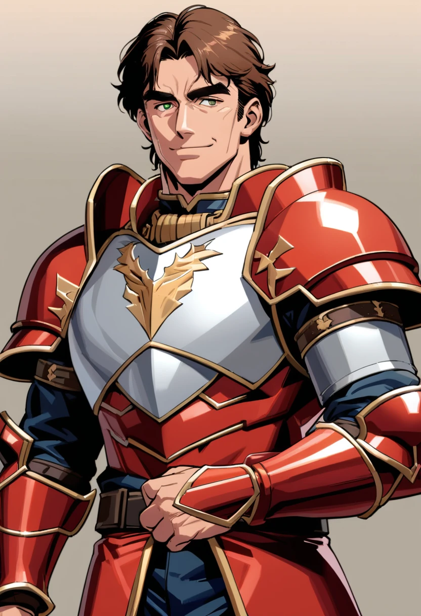 1father, veteran knight, muscular mature, parted bangs, 40yo, brown hair, evergreen eyes, thick brown eyebrow, sanpaku, tanned skin, small eyes, short hair male, facial wrinkles, ideal ratio body proportions, ordinaly, BREAK solo, red full plate armor, light smile, 1980s, visual novel, in old jrpg style, in hokuto no ken style, extreme all detailed, masterpiece, best quality