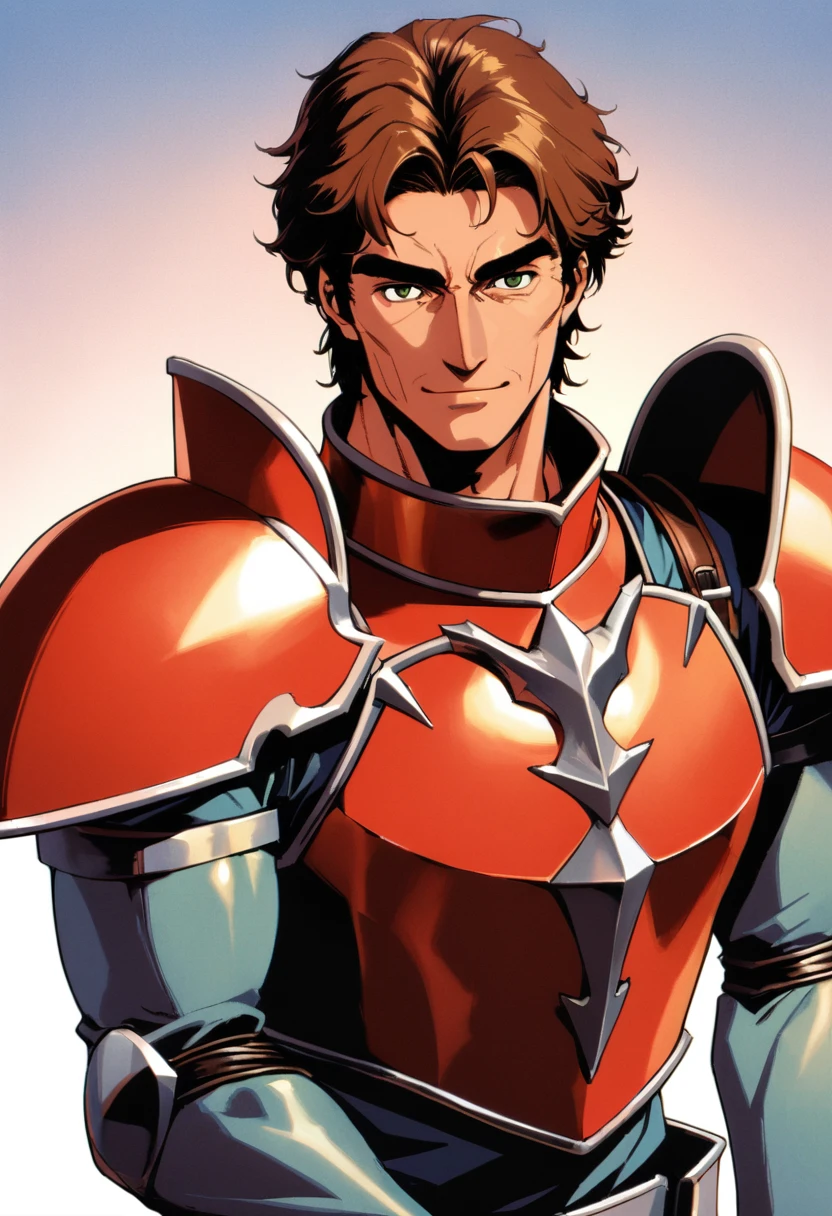 1father, veteran knight, muscular mature, parted bangs, 40yo, brown hair, evergreen eyes, thick brown eyebrow, sanpaku, tanned skin, small eyes, short hair male, facial wrinkles, ideal ratio body proportions, ordinaly, BREAK solo, red full plate armor, light smile, 1980s, visual novel, in old jrpg style, in hokuto no ken style, extreme all detailed, masterpiece, best quality