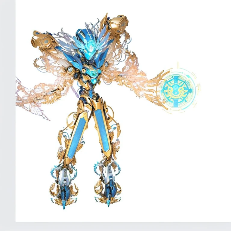 There is a picture of a robot wearing a blue and gold costume, Anime robot mixed with organic, Vitruvian Mecha, Detailed cosmic angel robot, Cute and exquisite epic robot, sunpunk human, mechanical, Biomechanical Gaia, ornate exoskeleton, Intricate superhuman, Fractal automata, mechanical, Mecha style greek god